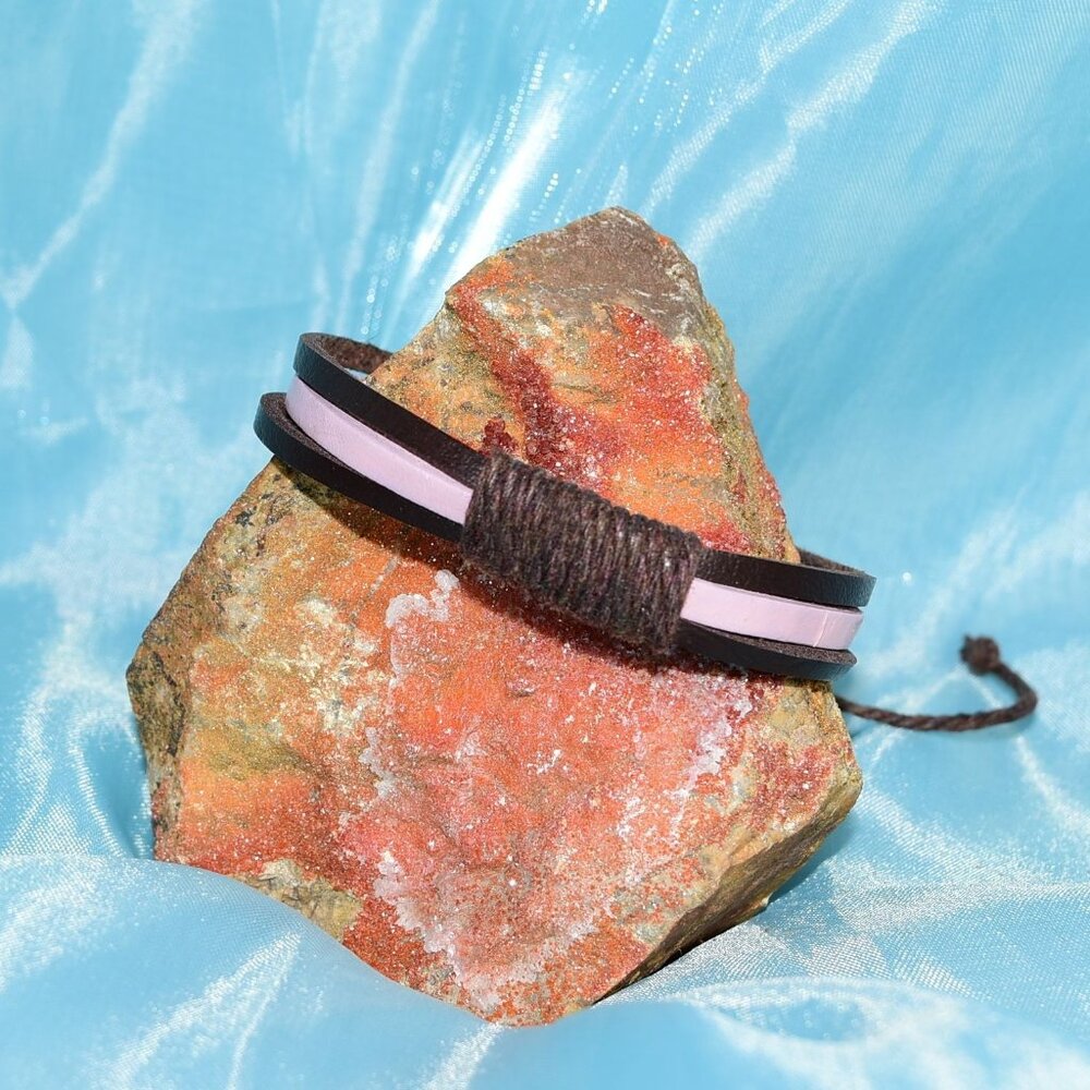 Skye Lane Hemp Accent Boho Tie Leather Bracelet Brown Pink Mens Gift Packaged - Picture 3 of 9
